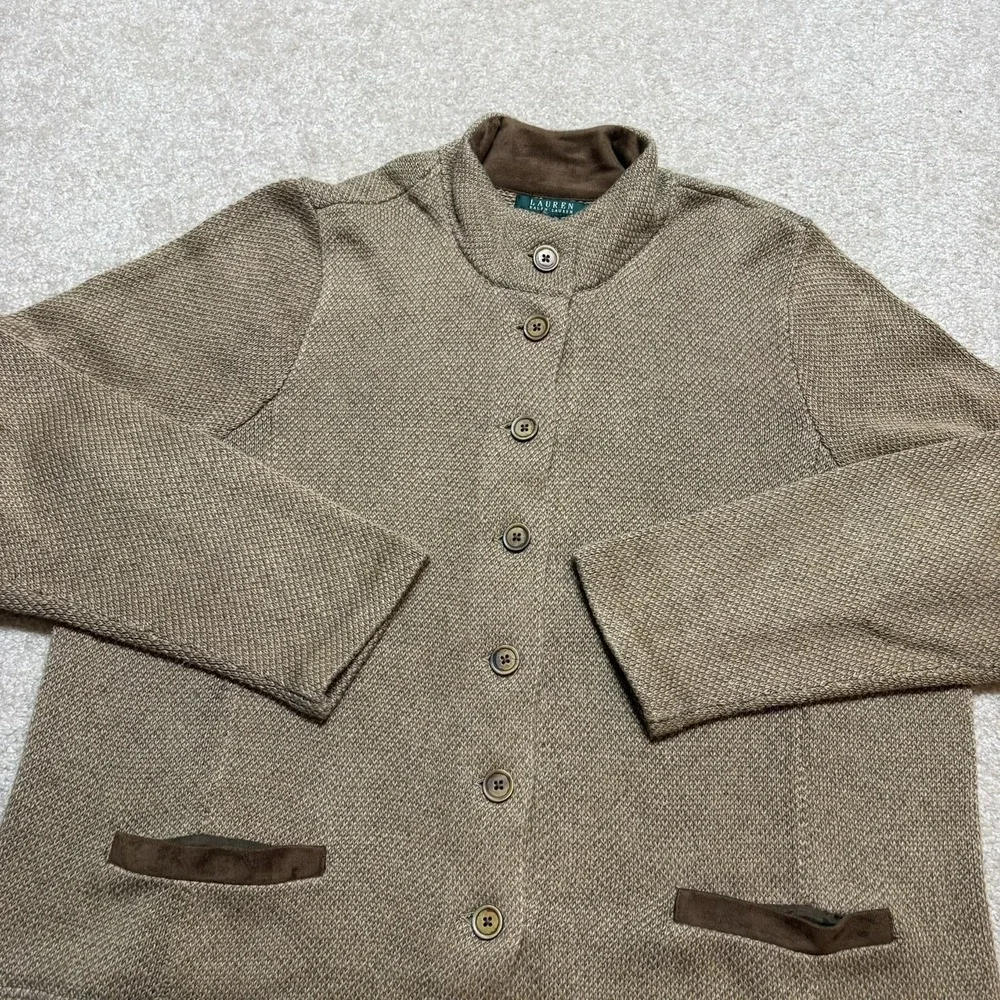 Lauren Ralph Lauren Cardigan Sweater‎ Womens 2X Brown Mock Neck Button Pockets